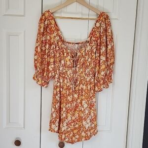 Free People Floral Show Me Love Romper Orange, Puffy Sleeves Women's Medium
